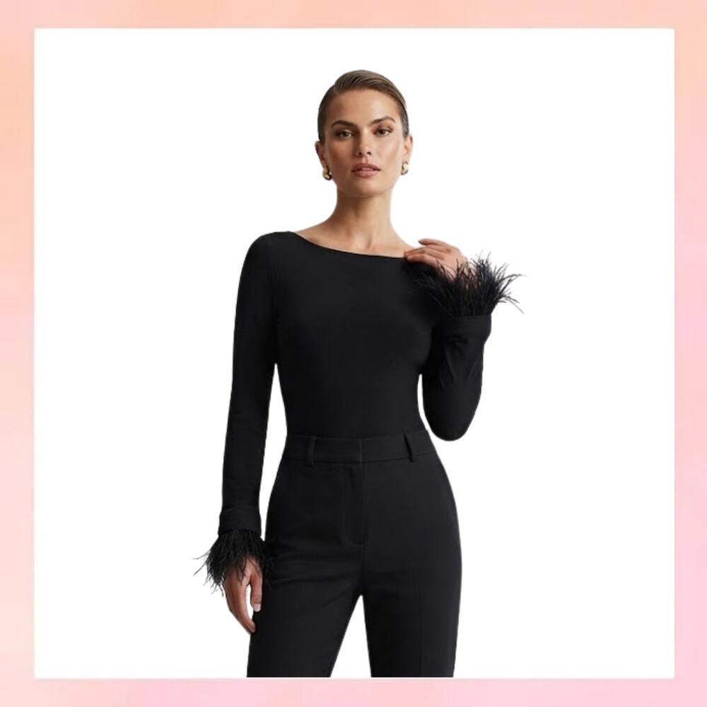 J.Crew Black Feather Cuff Long Sleeve Boatneck Top Size XS